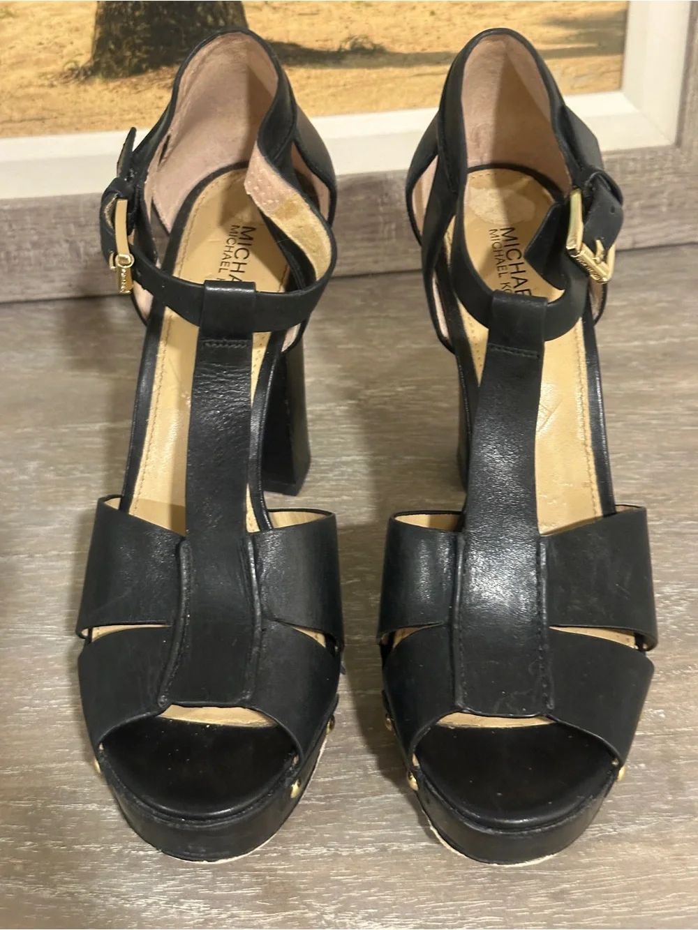 Michael Kors Black Leather T-Strap Platform Heels with Gold Buckle